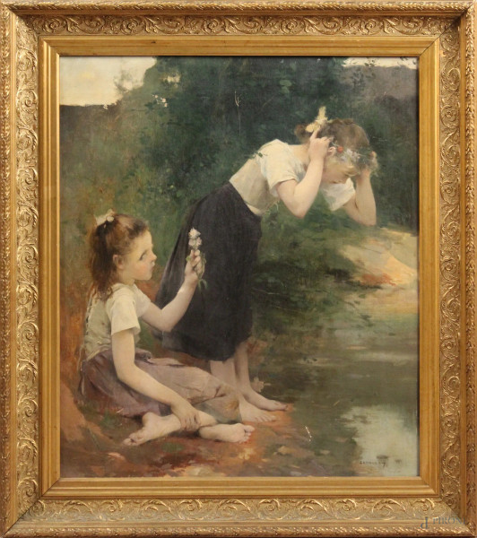 Fanciulle sulla riva del fiume, olio su tela 54x64 cm, firmato Lavalley, entro cornice.