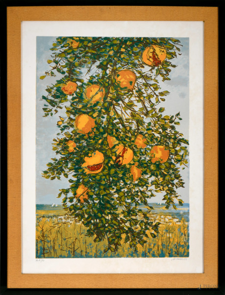 Michele Cascella, (Ortona, 1892 – Milano, 1989), Melograni, cm 88x65 entro cornice, litografia esemplare XLII/C, cm 88x65 entro cornice