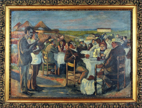 Festa in campagna, olio su cartone, cm. 40x56, XX secolo, entro cornice.