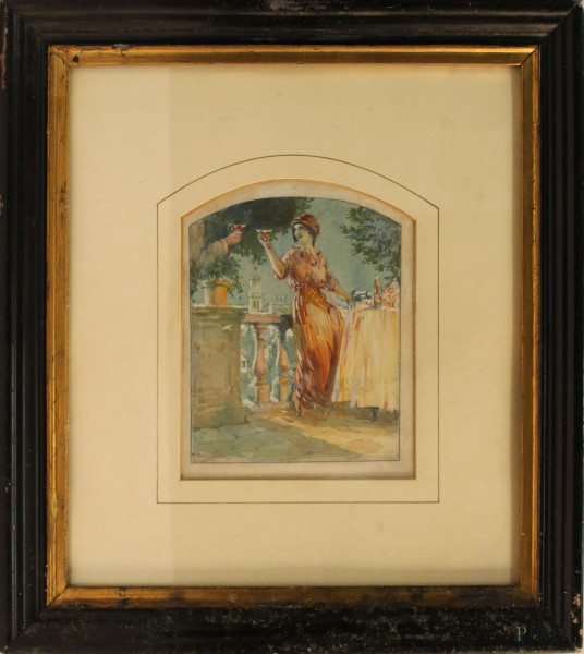 Il Brindisi, acquarello su carta 18x15 cm, firma illegibile Pietro Scoppetta, entro cornice.