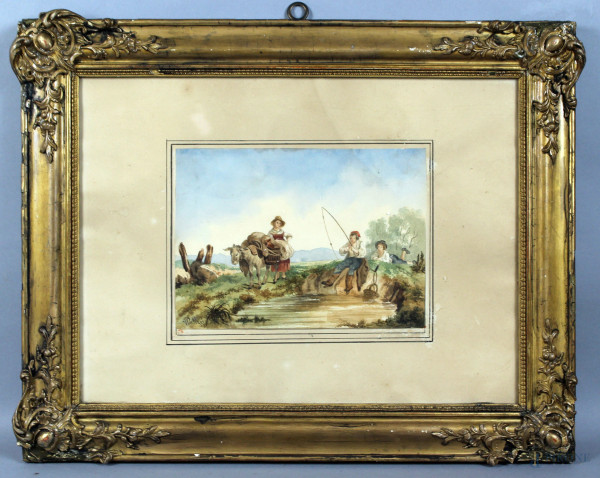 Paesaggio con figure e asinello, acquarello su carta, cm. 16,5x23, firmato Palizzi, entro cornice.