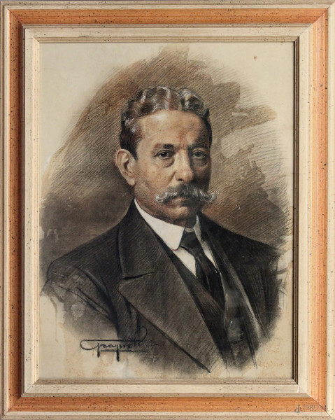 Ritratto d&#39;uomo, tecnica mista su carta 60x45 cm, firmato, entro cornice.