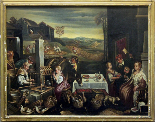 Francesco Bassano ambito di, Scena di genere, olio su tela, cm 135 x 100, entro cornice.