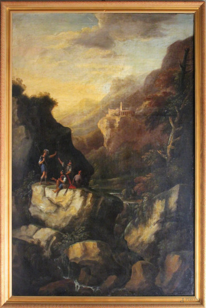 Pittore del XVIII sec., Paesaggio montano con soldati, olio su tela, cm 170x113, entro cornice.