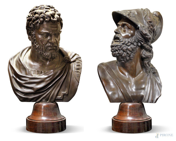 Caracalla e Menelao, coppia di busti in bronzo patinato, XX secolo, alt. max cm 57, basi in legno