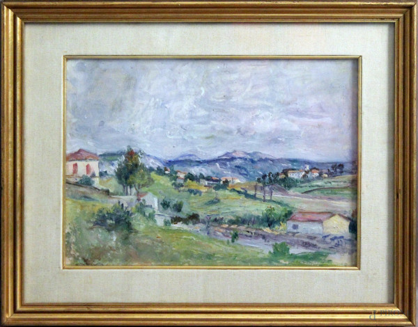Mario Lannes - Paesaggio collinare con case, olio su cartone con bozzetto sul retro, cm 28 x 38, entro cornice.