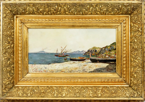 Capri, olio su tavola, cm 19,5x39,5, firmato e datato F.Mola, 1885, entro cornice