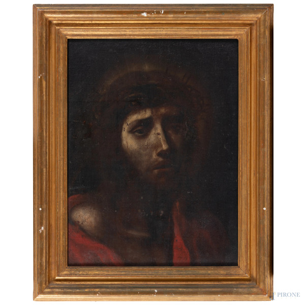 Cristo coronato di spine, XVIII secolo, olio su tela, cm 48x47, entro cornice, (cadute di colore, abrasioni, craquelure)