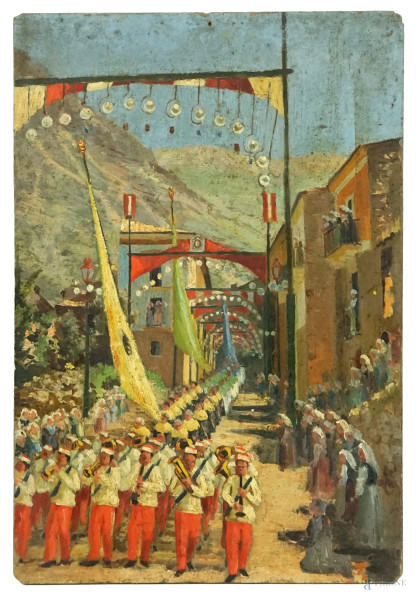 Parata tradizionale, olio su cartone, cm 32x22, XX secolo, (lievi difetti).