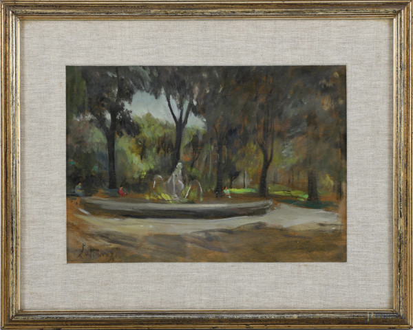 Fontana nel parco, olio su compensatp, XX secolo cm 25x35, entro cornice, firmato in basso a sinistra