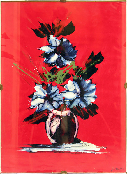 G. Dall’Aglio (XX sec.), Vaso con fiori, smalti su cartone, cm 70x50, firmato, entro cornice.