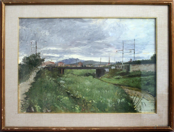 Paesaggio con casale e ponte, olio su tavola firmato Carlo Matteucci, cm 35 x 40, entro cornice.