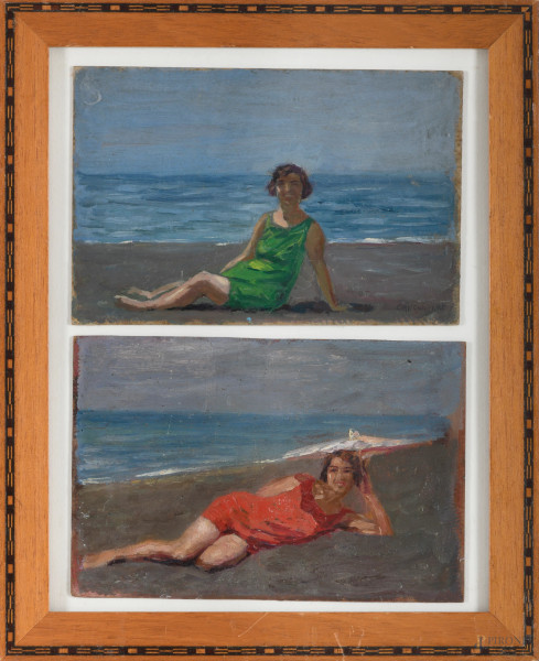 Donne sulla spiaggia, XX secolo, coppia di oli su cartone, cm 15x23, entro singola cornice, (difetti)