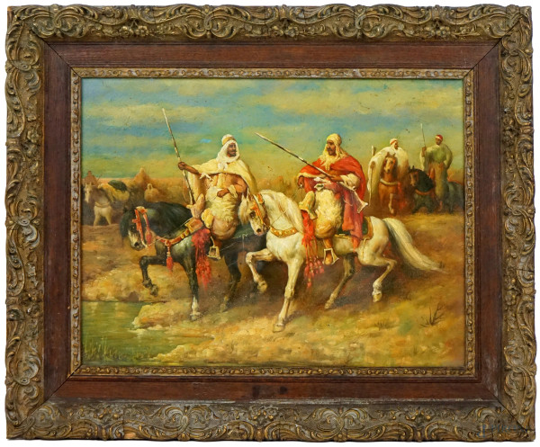 Cavalieri arabi, olio su tavola, cm 30x40, XX secolo, entro cornice.