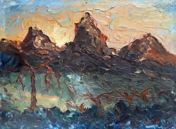 Pittore espressionista del Novecento, Paesaggio montuoso, olio su cartone telato, cm 30x40, firma illeggibile in basso a sinistra