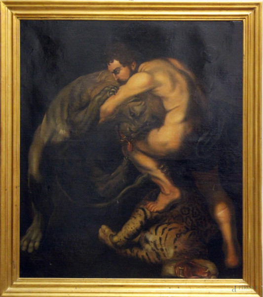 Da Peter Paul Rubens, Ercole e il leone nemeo, olio su tela 122x104 cm, seconda met&#224; del XVIII sec, entro cornice.