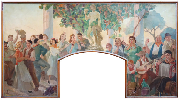 Enoteca Nazionale, dipinto sovrappòrta ad olio su tela, misure totali cm 386x197, firmato Conti, entro cornice, (difetti sulla tela)