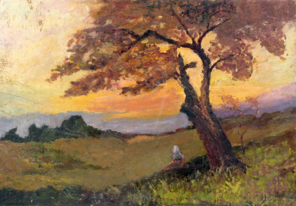 Paesaggio al tramonto con figura, olio su cartone, cm 34x50, (difetti)