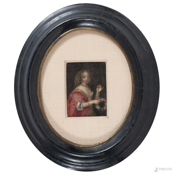 Fanciulla con ghirlanda, XIX secolo, olio su tela applicata su tavola, cm 8x5,5, (craquelure, segni di usura)