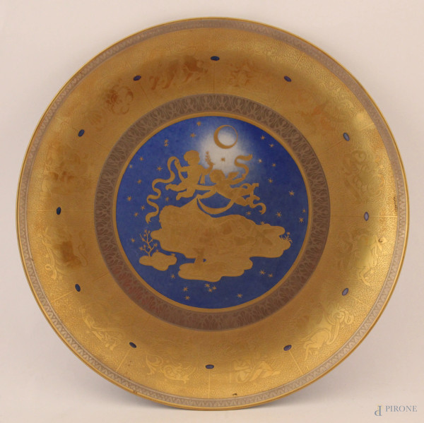 Piatto da muro in porcellana a foglia oro soggetto dello zodiaco, diam 34 cm