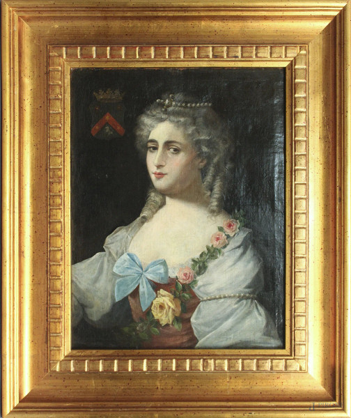 Ritratto di nobildonna, dipinto ad olio su tela, cm 60 x 45, XVIII sec., entro cornice.