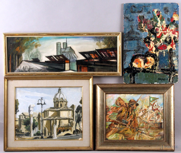 Lotto composto da quattro dipinti ad olio a soggetti e misure diverse, firmati, misure massime cm 20x60, entro cornici.