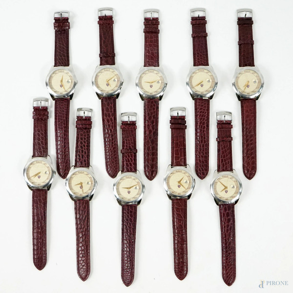 Torino Football Club, dieci orologi da polso da uomo, cinturino bordeaux in cuoio, lunghezza cm 24,5, (segni  del tempo, meccanismo da revisionare).