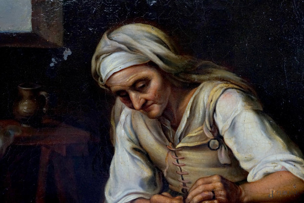 Toeletta domestica (da Bartolomé Esteban Murillo, 1618-1682), XIX secolo, olio su tela, cm 45x36,...