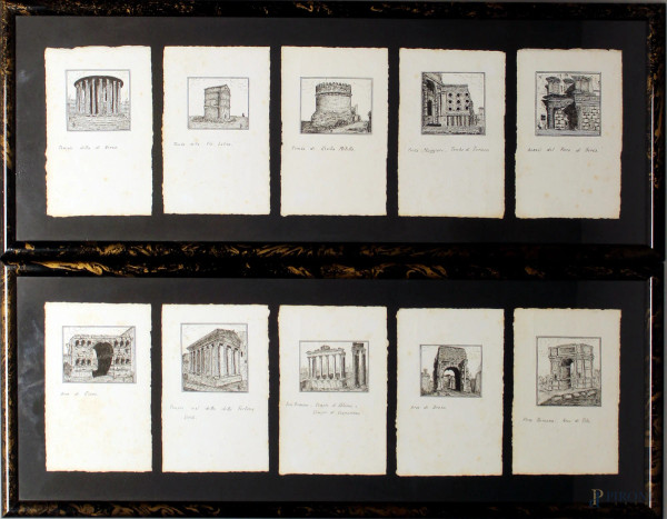 Ottorino Santini, Monumenti romani, lotto composto da otto incisioni, cm 14x9, entro due cornici.