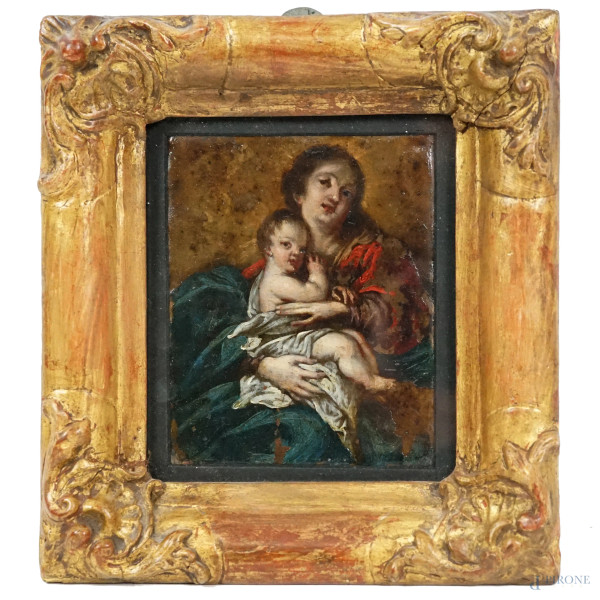 Pittore del XVII secolo, Madonna col Bambino, olio su rame, cm 12,5x9,5, entro cornice