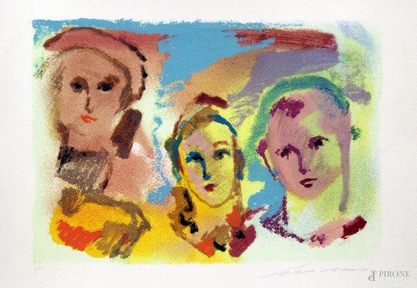 Ernesto Treccani - Tre volti, serigrafia a ventitre colori, cm. 35x50.