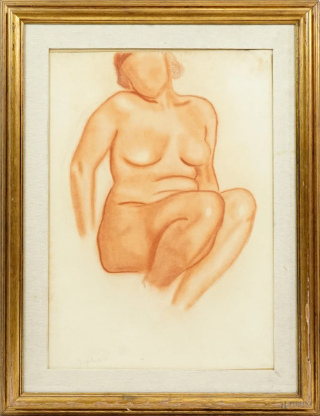 Nudo di donna, sanguigna su carta applicata su tela, cm 75x52, XX secolo entro cornice.