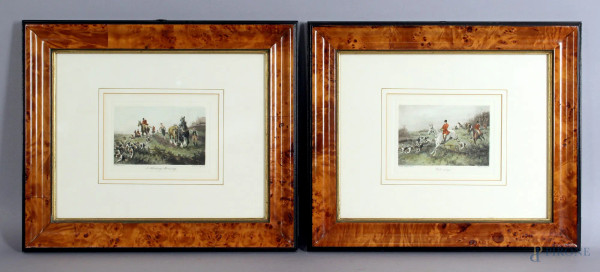 Coppia di stampe inglesi raffiguranti la caccia, 12x15 cm, entro cornici.