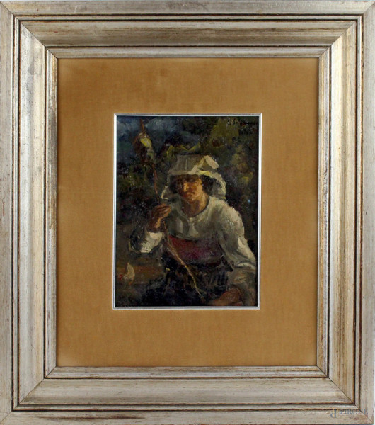La filatrice, olio su cartone, cm. 26x20, inizi XX secolo, cm. 26x20, entro cornice.