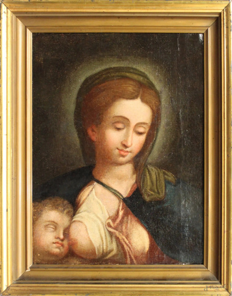 Madonna con Bambino, Scuola napoletana del XIX sec., olio su tela, cm 45 x 33,5, entro cornice.