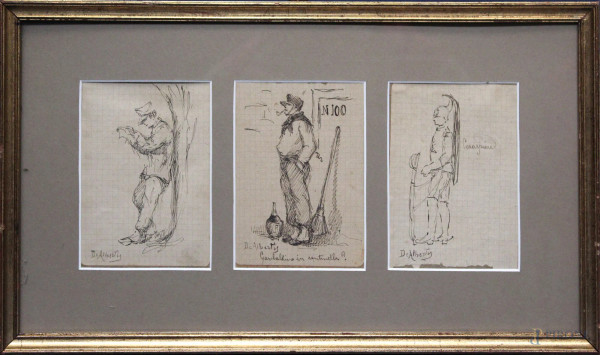 Lotto composto da tre disegni firmati De Albratis, cm 13 x 10, entro unica cornice.