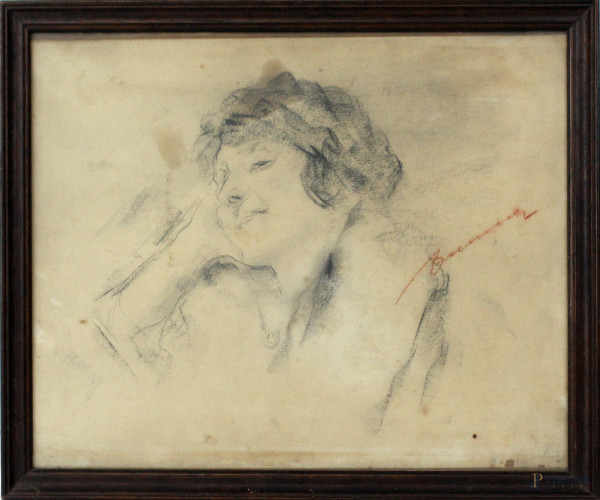 Ritratto di ragazza, tecnica mista su  carta applicata su tela, cm 30x36, firmato, entro cornice.