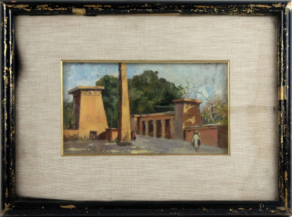 Scorcio di piazza con obelisco, olio su tavola, cm 11x20, firmato, entro cornice