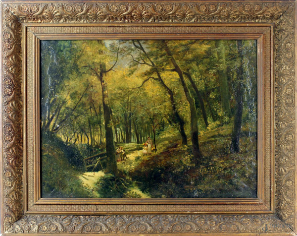 Scorcio di bosco con figure, olio su tela, cm 43x58, entro cornice