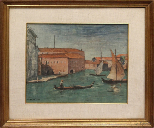 Scorcio di Venezia, olio su cartone, primi &#39;900, firmato, cm 33 x 27, entro cornice.