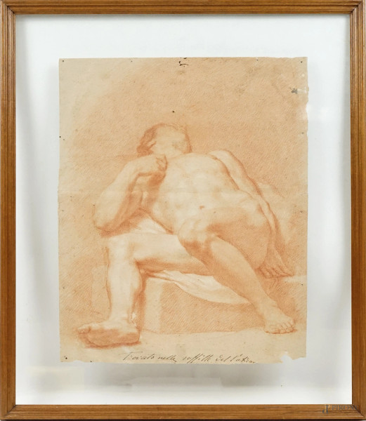Studio di nudo maschile, sanguigna su carta filigranata con giglio, XVII secolo, cm 47x38, in cornice