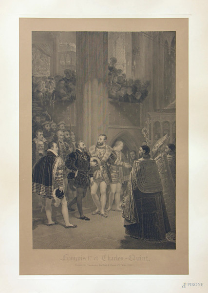 Francois Foster (1790-1872), Francois I et Charles Quint visitant les tombeau de Rois de France, grande antica stampa a bulino su carta da incisione di Antoine Jean Gros (1771-1835), cm 87x60, Francia, 1810