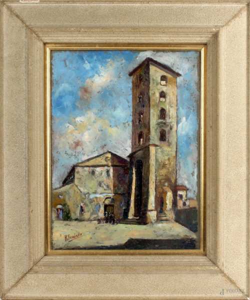 Scorcio con chiesa e campanile, olio su cartone, cm 38x29, firmato, entro cornice