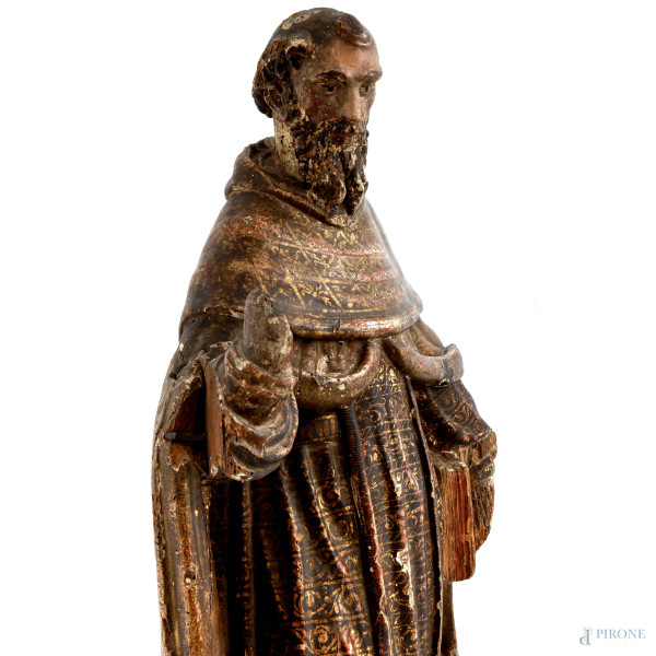 Scultura in legno dipinto e dorato raffigurante Santo, XVIII secolo, altezza cm 77, (cadute di co...