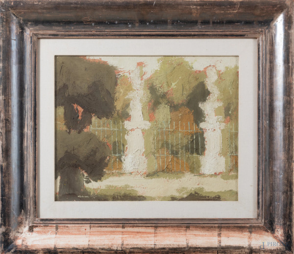 Nel parco, XX secolo, tecnica mista su tela, cm 40x50, entro cornice