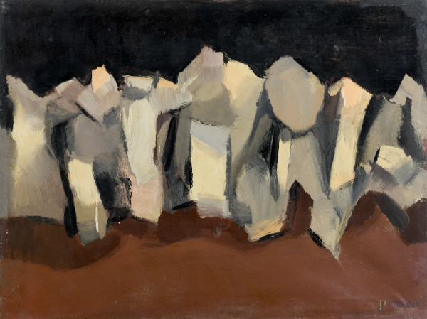 Edoardo Krumm (1916-1993), Astratto orizzontale, tecnica mista su tela, cm 60x80, firmato al retro