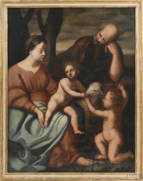 Sacra famiglia con San Giovannino, XVII-XVIII secolo, cm 141x109, entro cornice