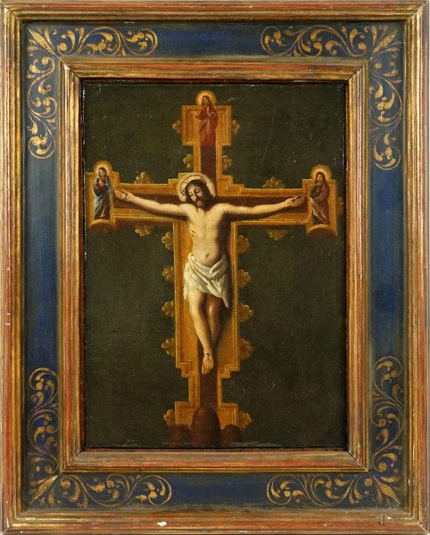 Pittore del XVII secolo, Cristo Crocifisso con Santi, olio su tela, cm 31,5x22,5, entro cornice