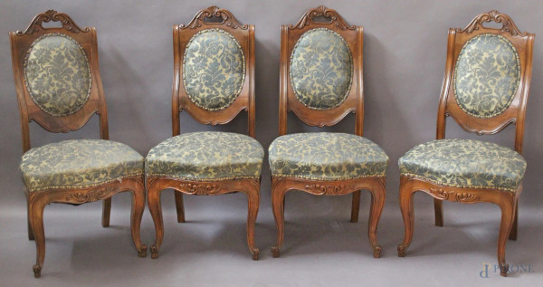 Lotto composto da quattro sedie in noce rivestite in stoffa damascata, XIX sec.