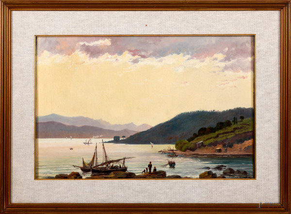 Pescatori, XIX - XX secolo, olio su tela, cm 42x58,5, entro cornice, (difetti)